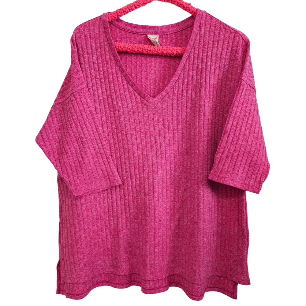 Faded Glory Womens 2X 18W-20W Hot Pink Ribbed V-Neck Short Sleeve Knit Top